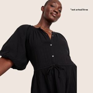 🖤 OLD NAVY BLACK OFF WHITE PUFF SLEEVE DEFINED WAIST MINI DRESS 100% COTTON LG